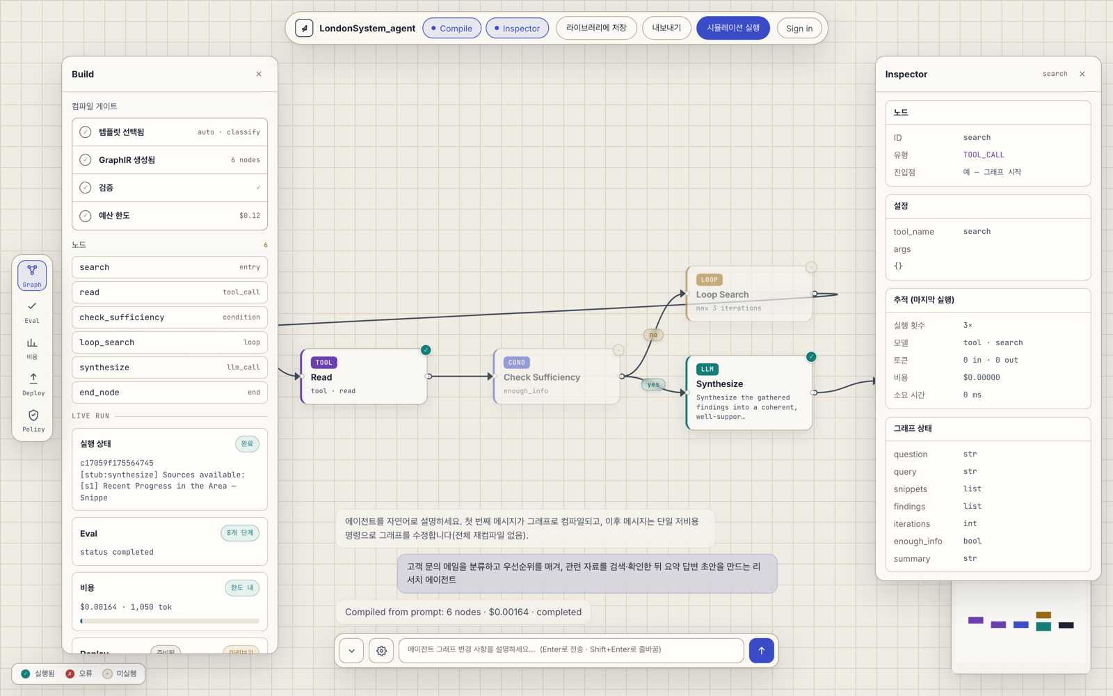 The London System Agent studio compiling a single-sentence requirement into an executed agent graph of search, read, condition, loop, synthesis, and end nodes